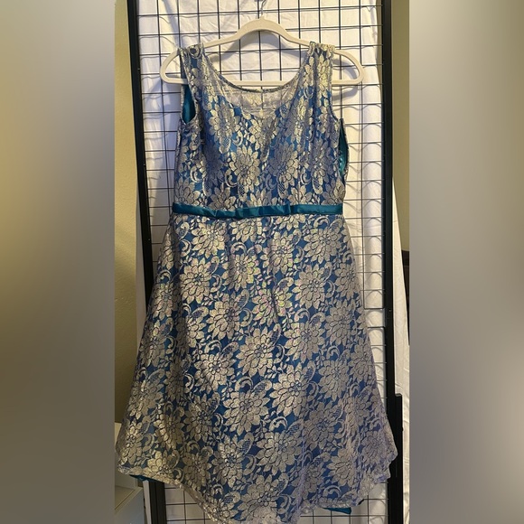 custom made Dresses & Skirts - Custom Prom dress (Silver Lace with Teal/Blue lining, mesh top, and petticoat)